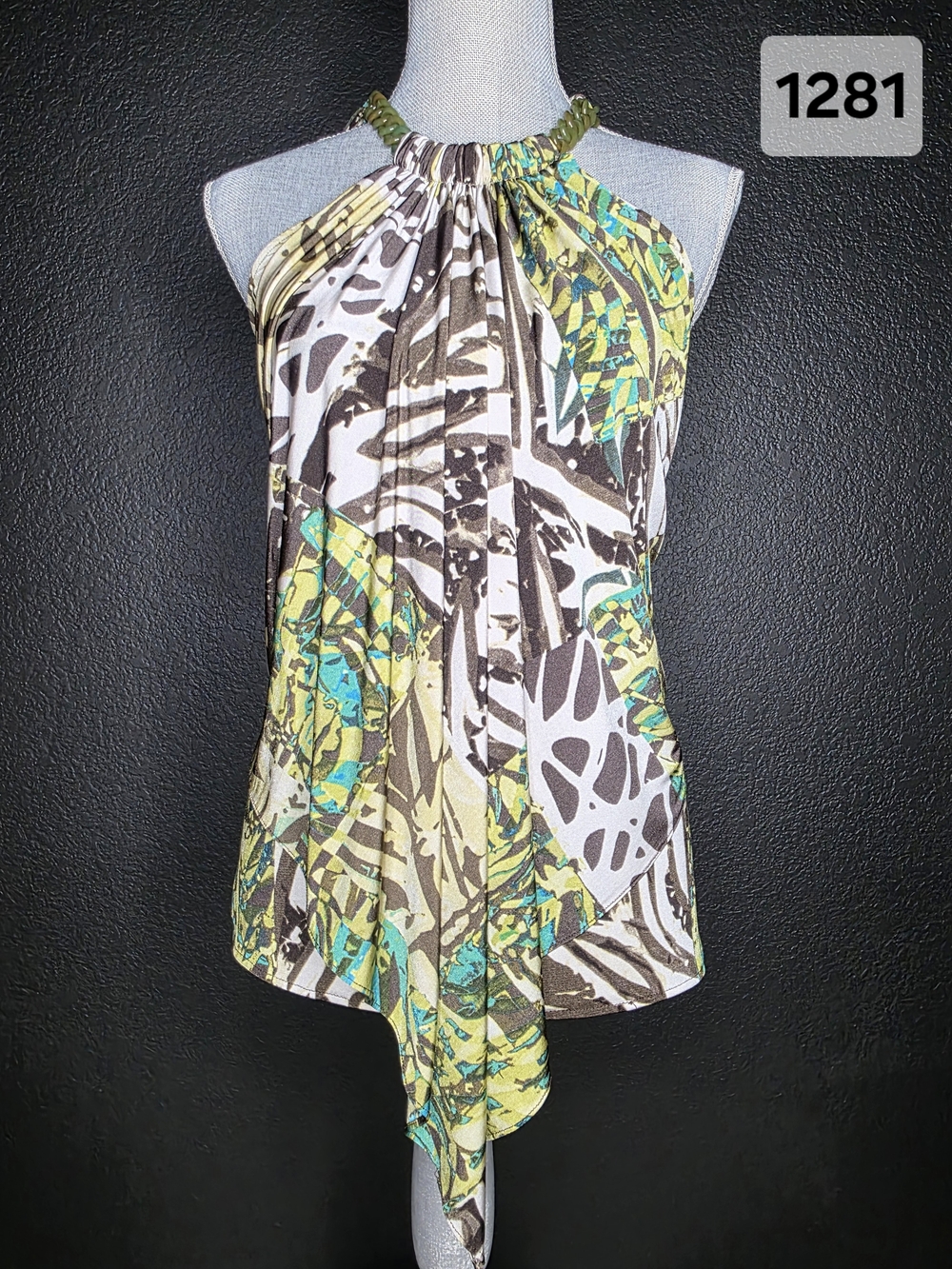 Vintage 1990's Cache Green Lucite Chain Asemetrical Halter Size Small.